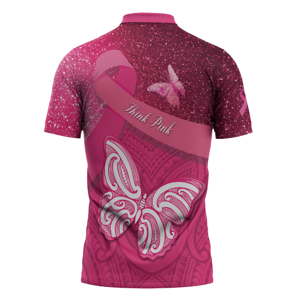 New Zealand Breast Cancer Awareness Zipper Polo Shirt Pink Ribbon Butterfly Maori Pattern