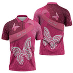 New Zealand Breast Cancer Awareness Zipper Polo Shirt Pink Ribbon Butterfly Maori Pattern