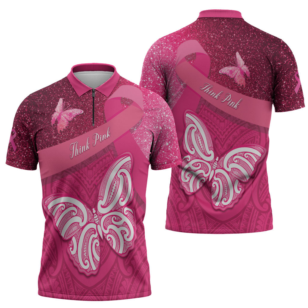 New Zealand Breast Cancer Awareness Zipper Polo Shirt Pink Ribbon Butterfly Maori Pattern