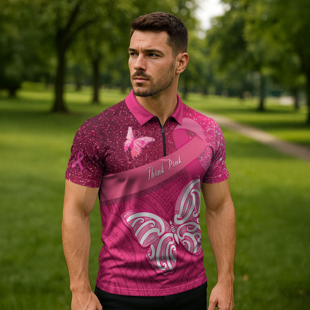 New Zealand Breast Cancer Awareness Zipper Polo Shirt Pink Ribbon Butterfly Maori Pattern