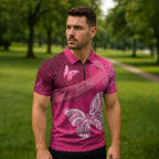 New Zealand Breast Cancer Awareness Zipper Polo Shirt Pink Ribbon Butterfly Maori Pattern