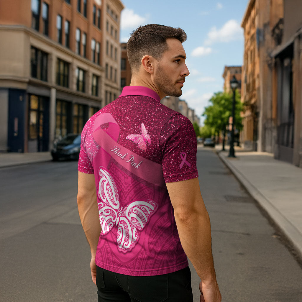 New Zealand Breast Cancer Awareness Zipper Polo Shirt Pink Ribbon Butterfly Maori Pattern