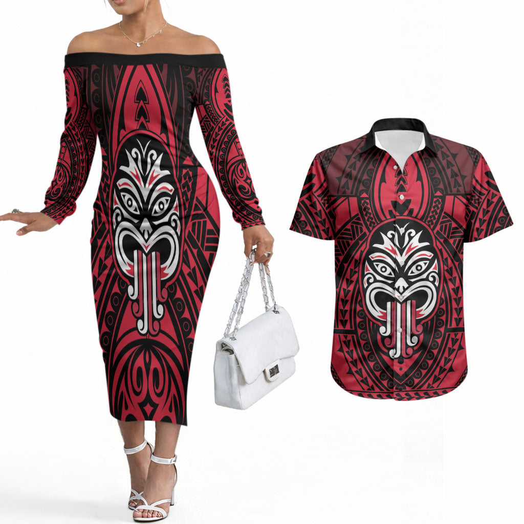 New Zealand Maori Language Week Couples Matching Off The Shoulder Long Sleeve Dress and Hawaiian Shirt Te Wiki O Te Reo Maori Hei Tiki