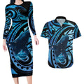 New Zealand Matariki Couples Matching Long Sleeve Bodycon Dress and Hawaiian Shirt Maori Humpback Whale Galaxy