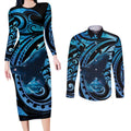 New Zealand Matariki Couples Matching Long Sleeve Bodycon Dress and Long Sleeve Button Shirt Maori Humpback Whale Galaxy