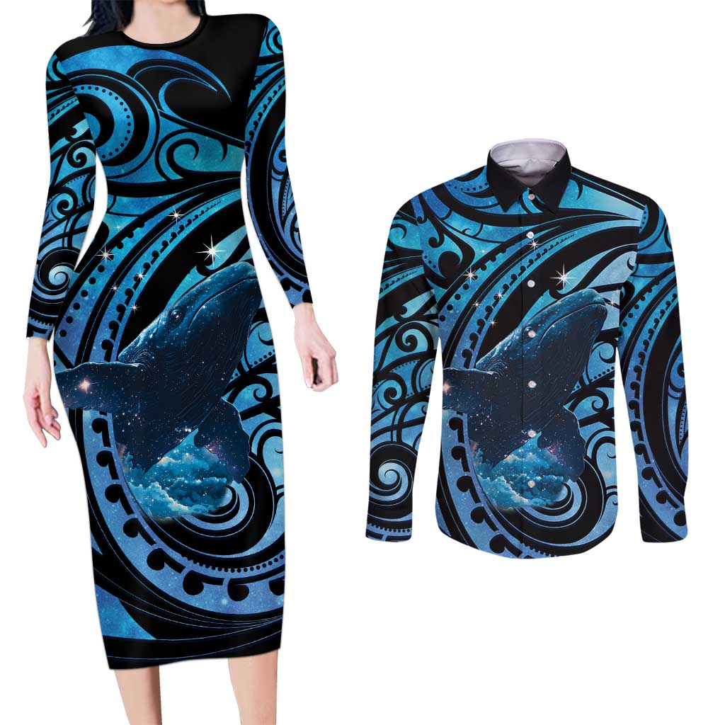 New Zealand Matariki Couples Matching Long Sleeve Bodycon Dress and Long Sleeve Button Shirt Maori Humpback Whale Galaxy