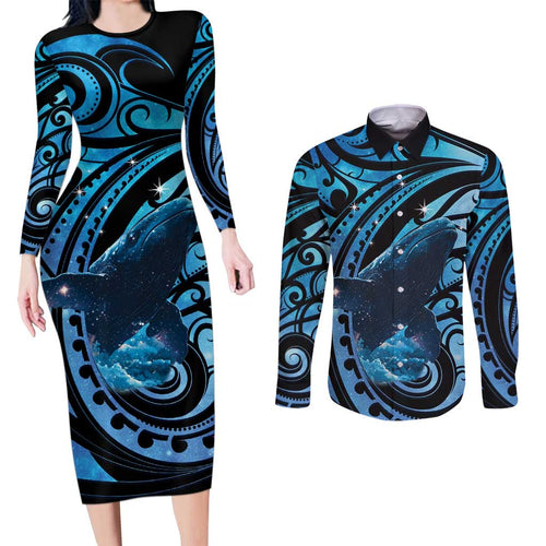 New Zealand Matariki Couples Matching Long Sleeve Bodycon Dress and Long Sleeve Button Shirt Maori Humpback Whale Galaxy