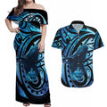 New Zealand Matariki Couples Matching Off Shoulder Maxi Dress and Hawaiian Shirt Maori Humpback Whale Galaxy