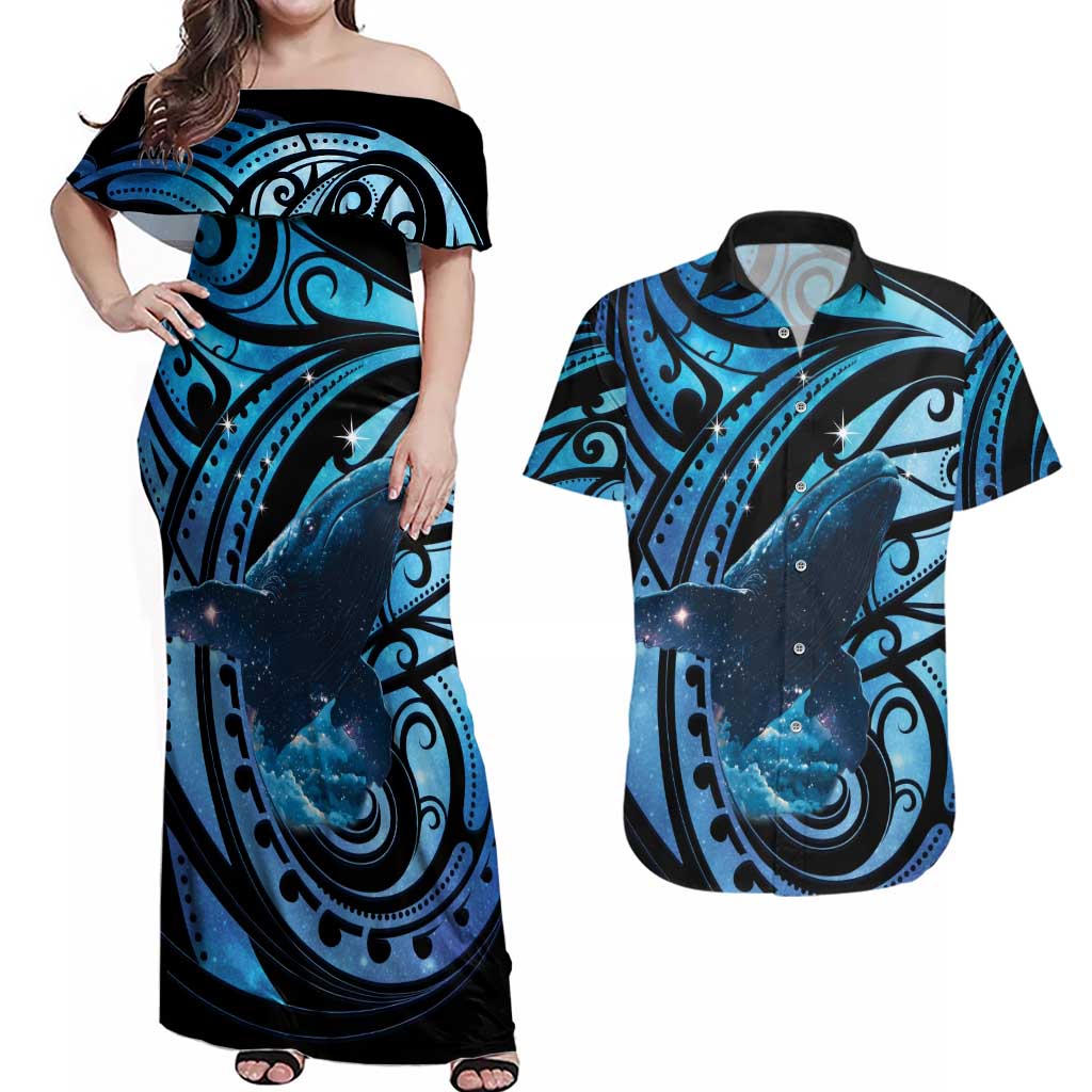 New Zealand Matariki Couples Matching Off Shoulder Maxi Dress and Hawaiian Shirt Maori Humpback Whale Galaxy