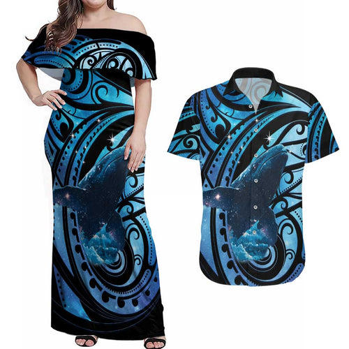 New Zealand Matariki Couples Matching Off Shoulder Maxi Dress and Hawaiian Shirt Maori Humpback Whale Galaxy