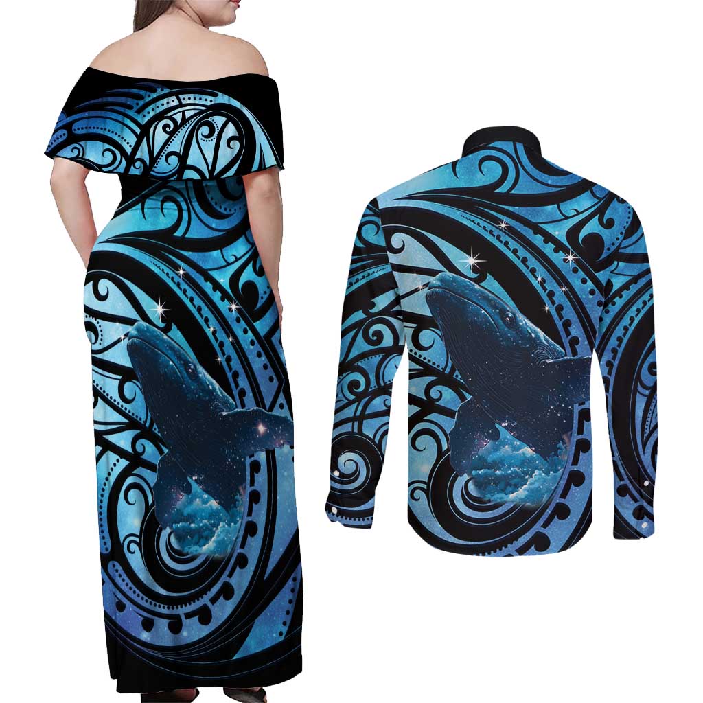 New Zealand Matariki Couples Matching Off Shoulder Maxi Dress and Long Sleeve Button Shirt Maori Humpback Whale Galaxy