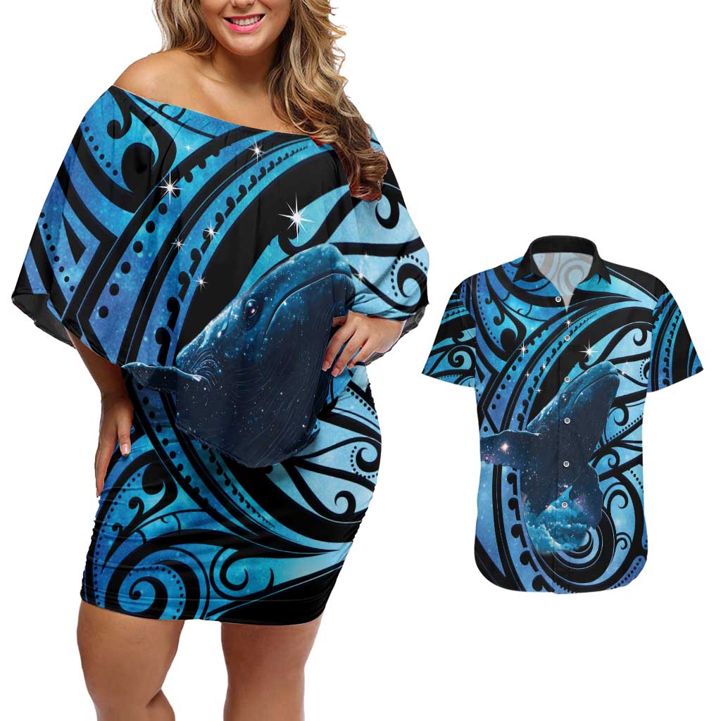 New Zealand Matariki Couples Matching Off Shoulder Short Dress and Hawaiian Shirt Maori Humpback Whale Galaxy