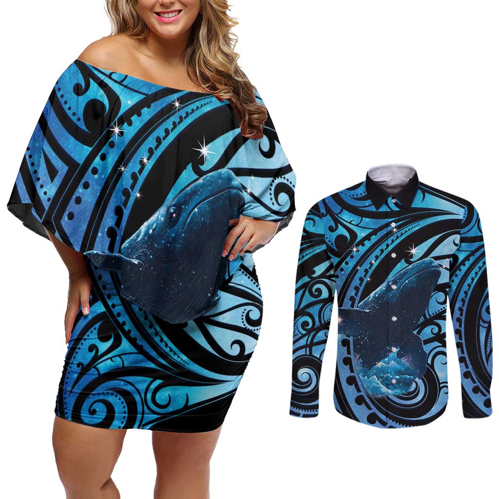 New Zealand Matariki Couples Matching Off Shoulder Short Dress and Long Sleeve Button Shirt Maori Humpback Whale Galaxy