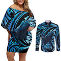 New Zealand Matariki Couples Matching Off Shoulder Short Dress and Long Sleeve Button Shirt Maori Humpback Whale Galaxy