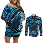 New Zealand Matariki Couples Matching Off Shoulder Short Dress and Long Sleeve Button Shirt Maori Humpback Whale Galaxy