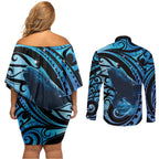 New Zealand Matariki Couples Matching Off Shoulder Short Dress and Long Sleeve Button Shirt Maori Humpback Whale Galaxy