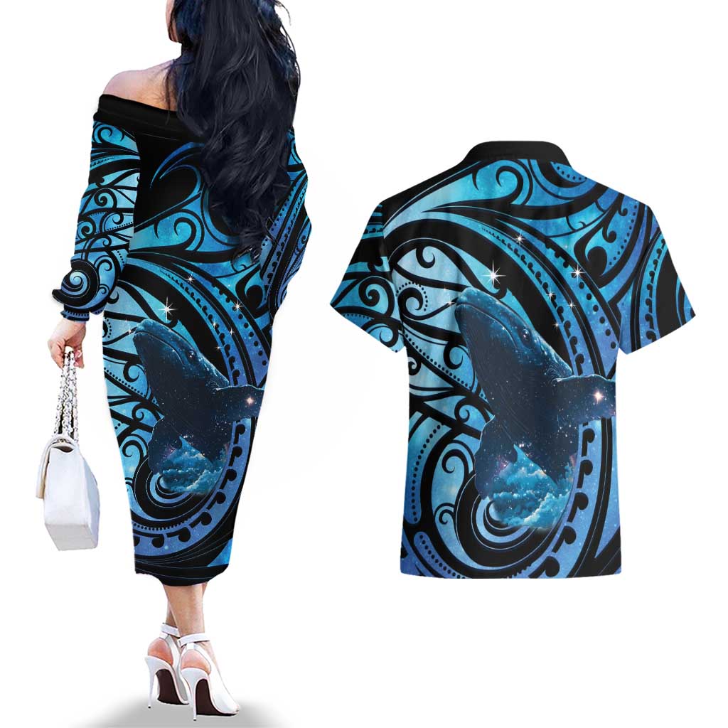 New Zealand Matariki Couples Matching Off The Shoulder Long Sleeve Dress and Hawaiian Shirt Maori Humpback Whale Galaxy