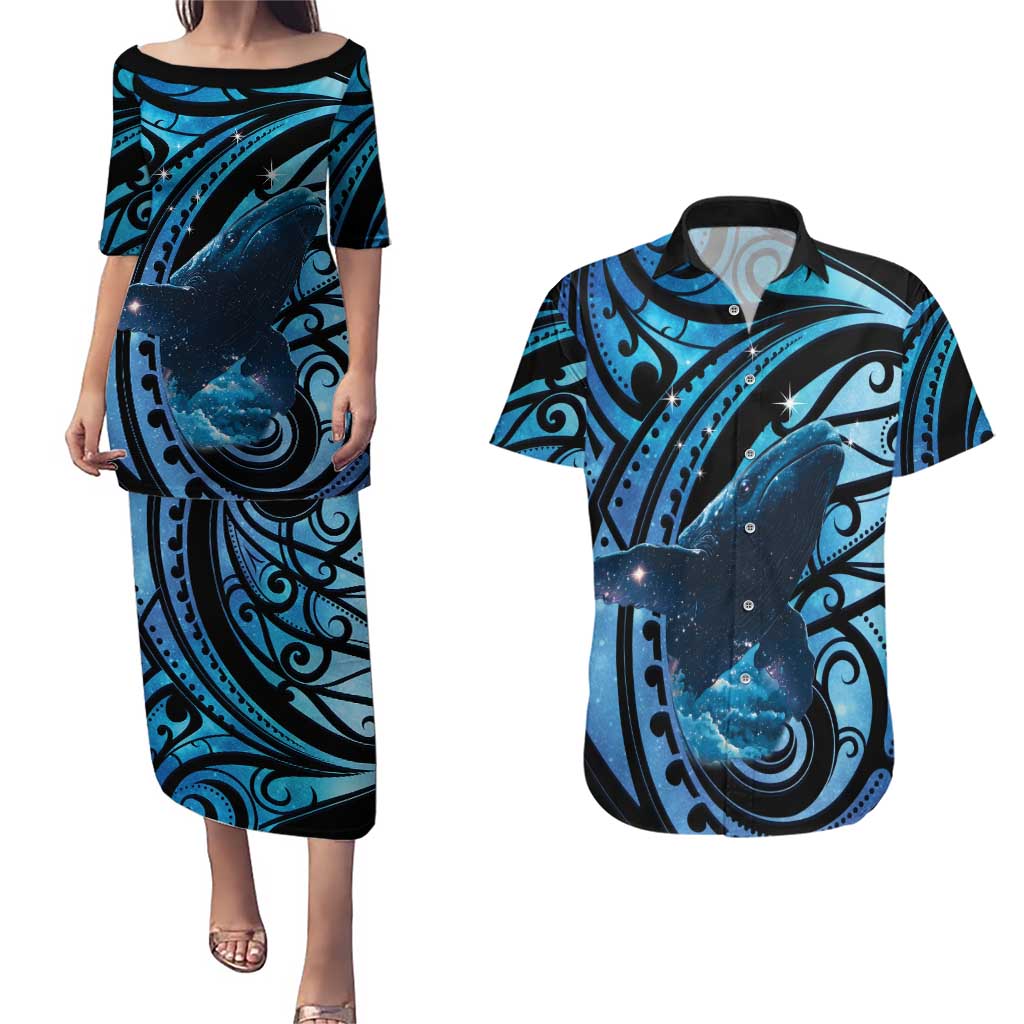 New Zealand Matariki Couples Matching Puletasi and Hawaiian Shirt Maori Humpback Whale Galaxy