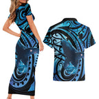 New Zealand Matariki Couples Matching Short Sleeve Bodycon Dress and Hawaiian Shirt Maori Humpback Whale Galaxy
