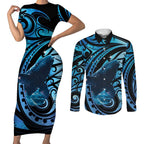 New Zealand Matariki Couples Matching Short Sleeve Bodycon Dress and Long Sleeve Button Shirt Maori Humpback Whale Galaxy