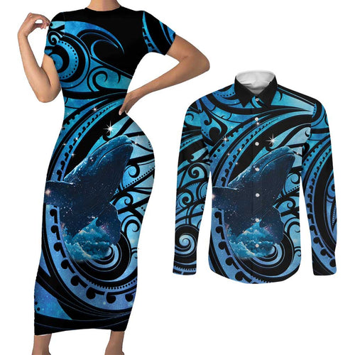 New Zealand Matariki Couples Matching Short Sleeve Bodycon Dress and Long Sleeve Button Shirt Maori Humpback Whale Galaxy