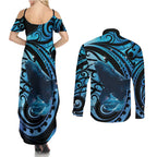New Zealand Matariki Couples Matching Summer Maxi Dress and Long Sleeve Button Shirt Maori Humpback Whale Galaxy