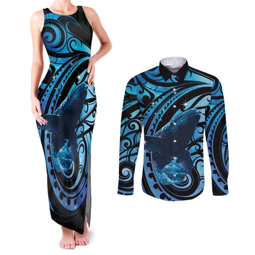 New Zealand Matariki Couples Matching Tank Maxi Dress and Long Sleeve Button Shirt Maori Humpback Whale Galaxy