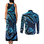 New Zealand Matariki Couples Matching Tank Maxi Dress and Long Sleeve Button Shirt Maori Humpback Whale Galaxy