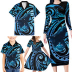 New Zealand Matariki Family Matching Long Sleeve Bodycon Dress and Hawaiian Shirt Maori Humpback Whale Galaxy