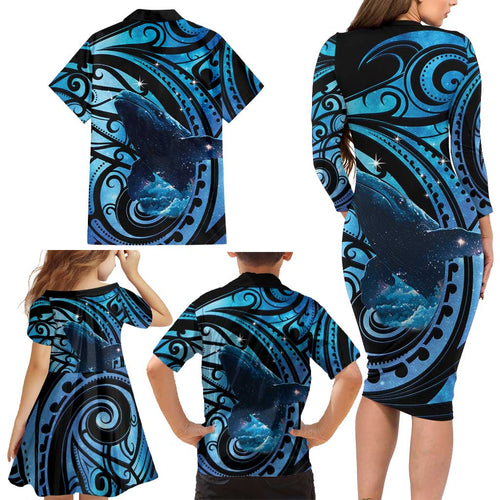 New Zealand Matariki Family Matching Long Sleeve Bodycon Dress and Hawaiian Shirt Maori Humpback Whale Galaxy