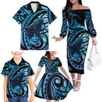 New Zealand Matariki Family Matching Off The Shoulder Long Sleeve Dress and Hawaiian Shirt Maori Humpback Whale Galaxy