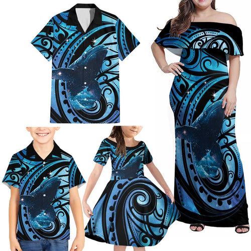 New Zealand Matariki Family Matching Off Shoulder Maxi Dress and Hawaiian Shirt Maori Humpback Whale Galaxy