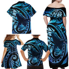 New Zealand Matariki Family Matching Off Shoulder Maxi Dress and Hawaiian Shirt Maori Humpback Whale Galaxy