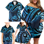 New Zealand Matariki Family Matching Off Shoulder Short Dress and Hawaiian Shirt Maori Humpback Whale Galaxy