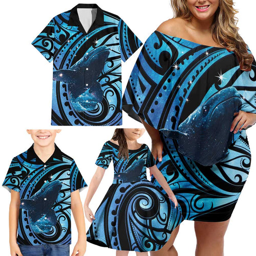 New Zealand Matariki Family Matching Off Shoulder Short Dress and Hawaiian Shirt Maori Humpback Whale Galaxy