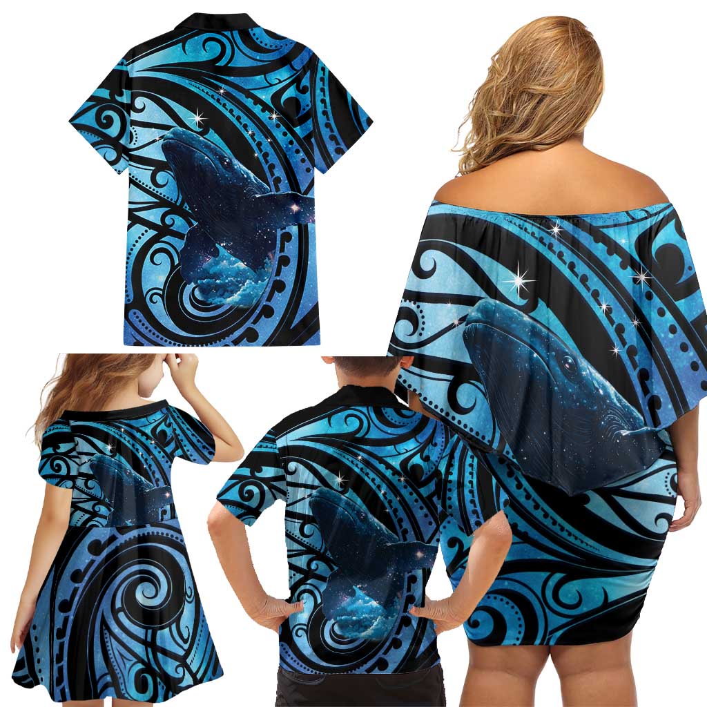 New Zealand Matariki Family Matching Off Shoulder Short Dress and Hawaiian Shirt Maori Humpback Whale Galaxy