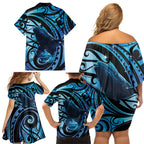 New Zealand Matariki Family Matching Off Shoulder Short Dress and Hawaiian Shirt Maori Humpback Whale Galaxy