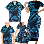 New Zealand Matariki Family Matching Short Sleeve Bodycon Dress and Hawaiian Shirt Maori Humpback Whale Galaxy
