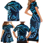 New Zealand Matariki Family Matching Short Sleeve Bodycon Dress and Hawaiian Shirt Maori Humpback Whale Galaxy