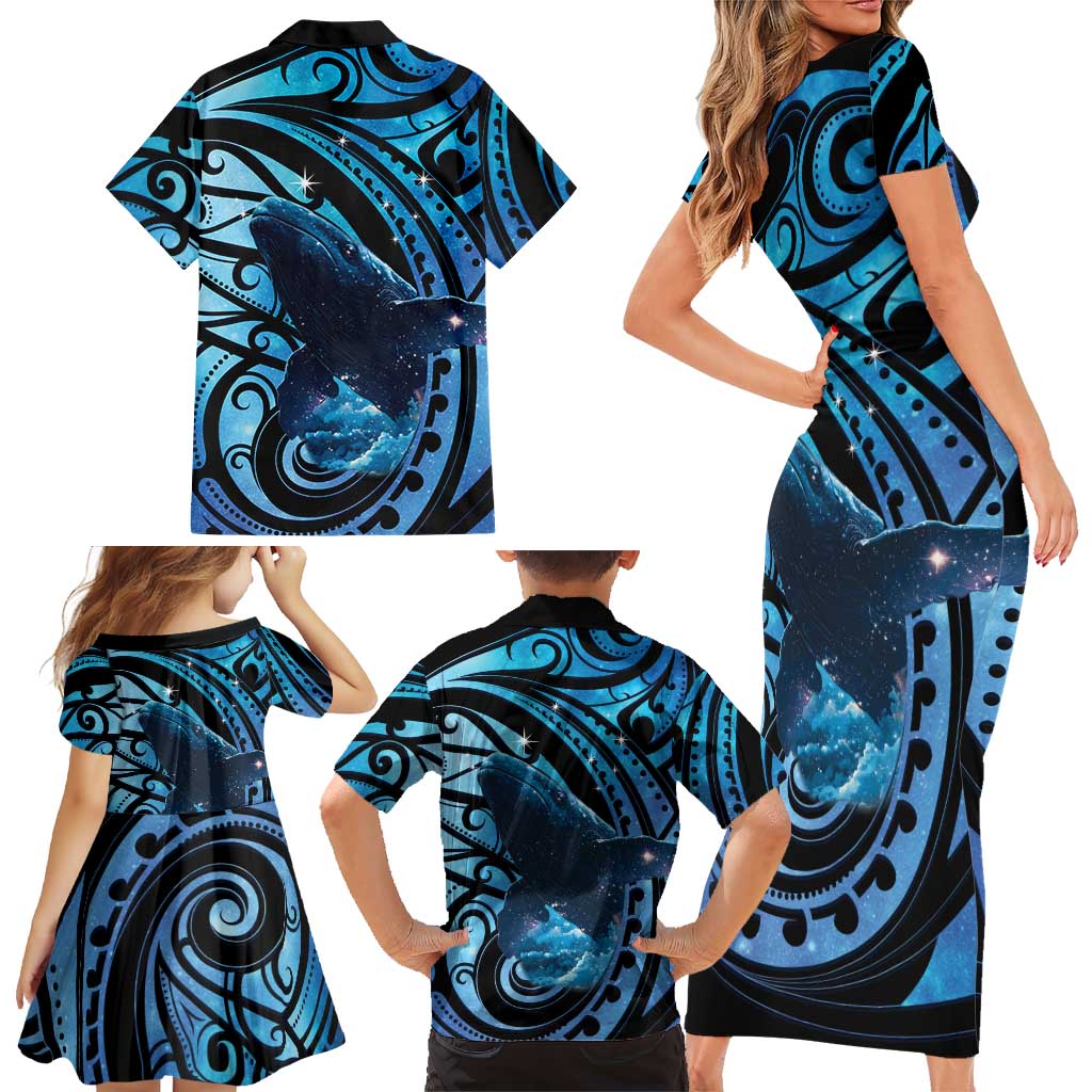 New Zealand Matariki Family Matching Short Sleeve Bodycon Dress and Hawaiian Shirt Maori Humpback Whale Galaxy
