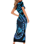 New Zealand Matariki Family Matching Short Sleeve Bodycon Dress and Hawaiian Shirt Maori Humpback Whale Galaxy