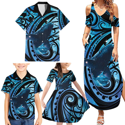 New Zealand Matariki Family Matching Summer Maxi Dress and Hawaiian Shirt Maori Humpback Whale Galaxy