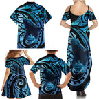 New Zealand Matariki Family Matching Summer Maxi Dress and Hawaiian Shirt Maori Humpback Whale Galaxy