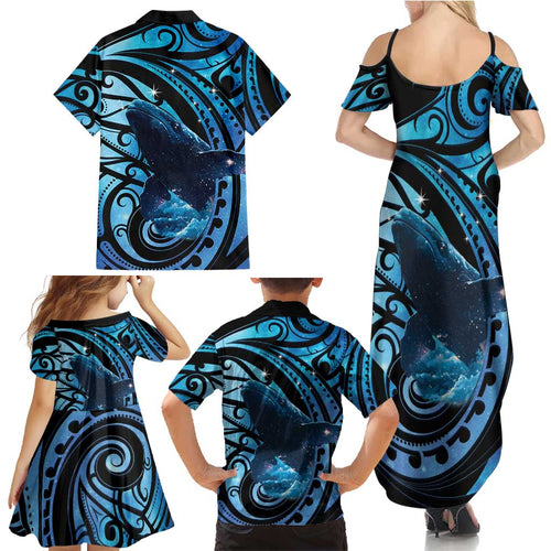 New Zealand Matariki Family Matching Summer Maxi Dress and Hawaiian Shirt Maori Humpback Whale Galaxy