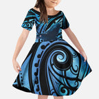 New Zealand Matariki Kid Short Sleeve Dress Maori Humpback Whale Galaxy