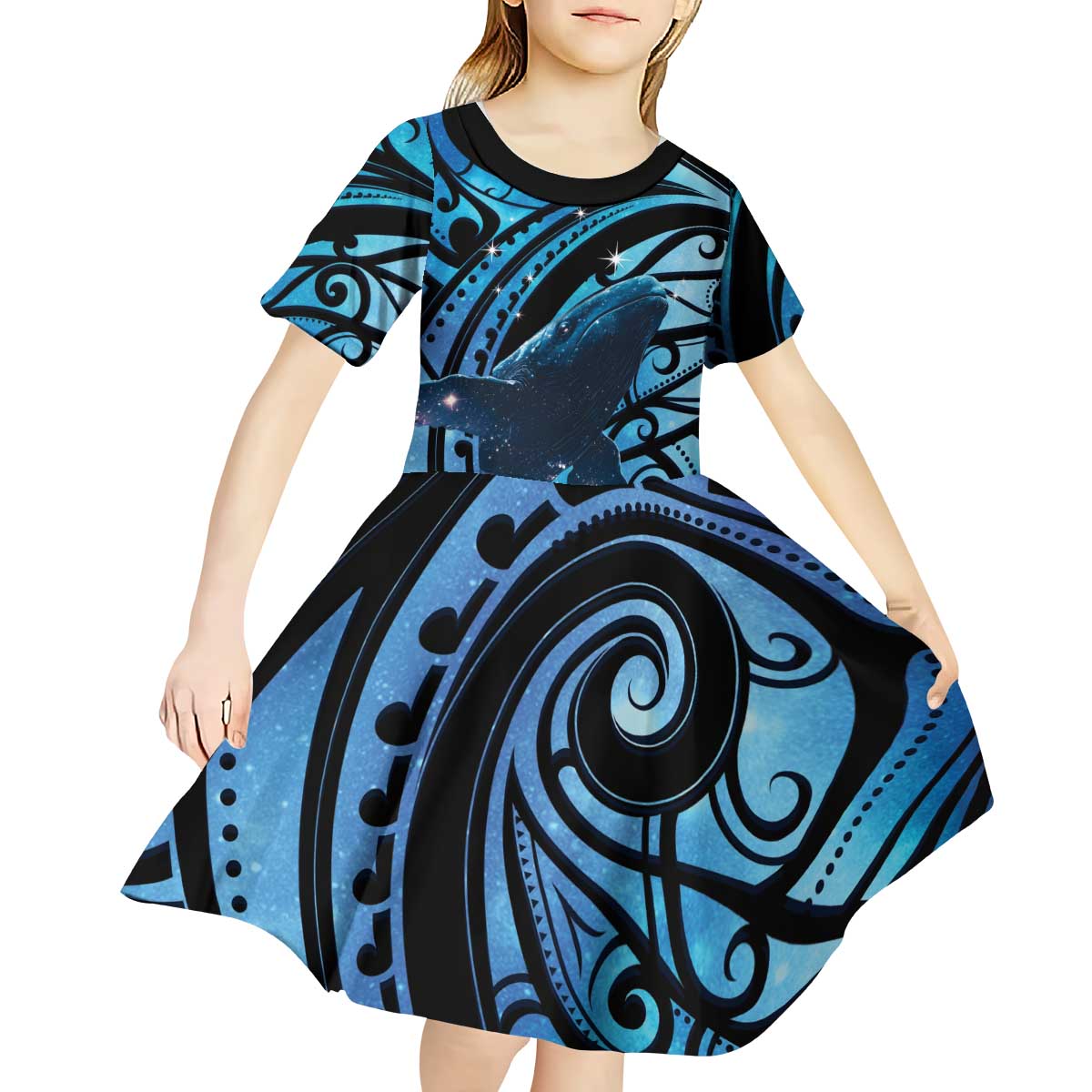 New Zealand Matariki Kid Short Sleeve Dress Maori Humpback Whale Galaxy