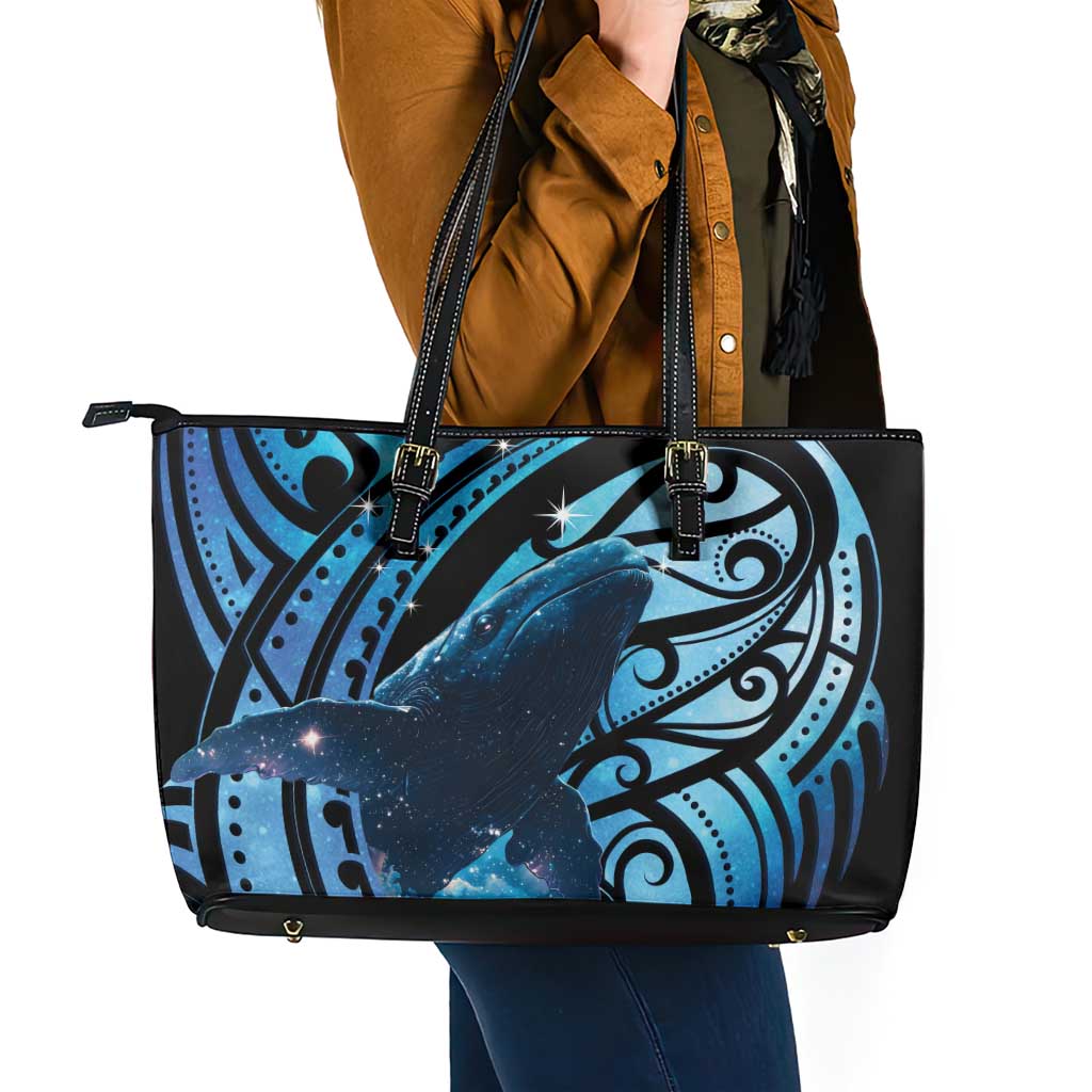 New Zealand Matariki Leather Tote Bag Maori Humpback Whale Galaxy