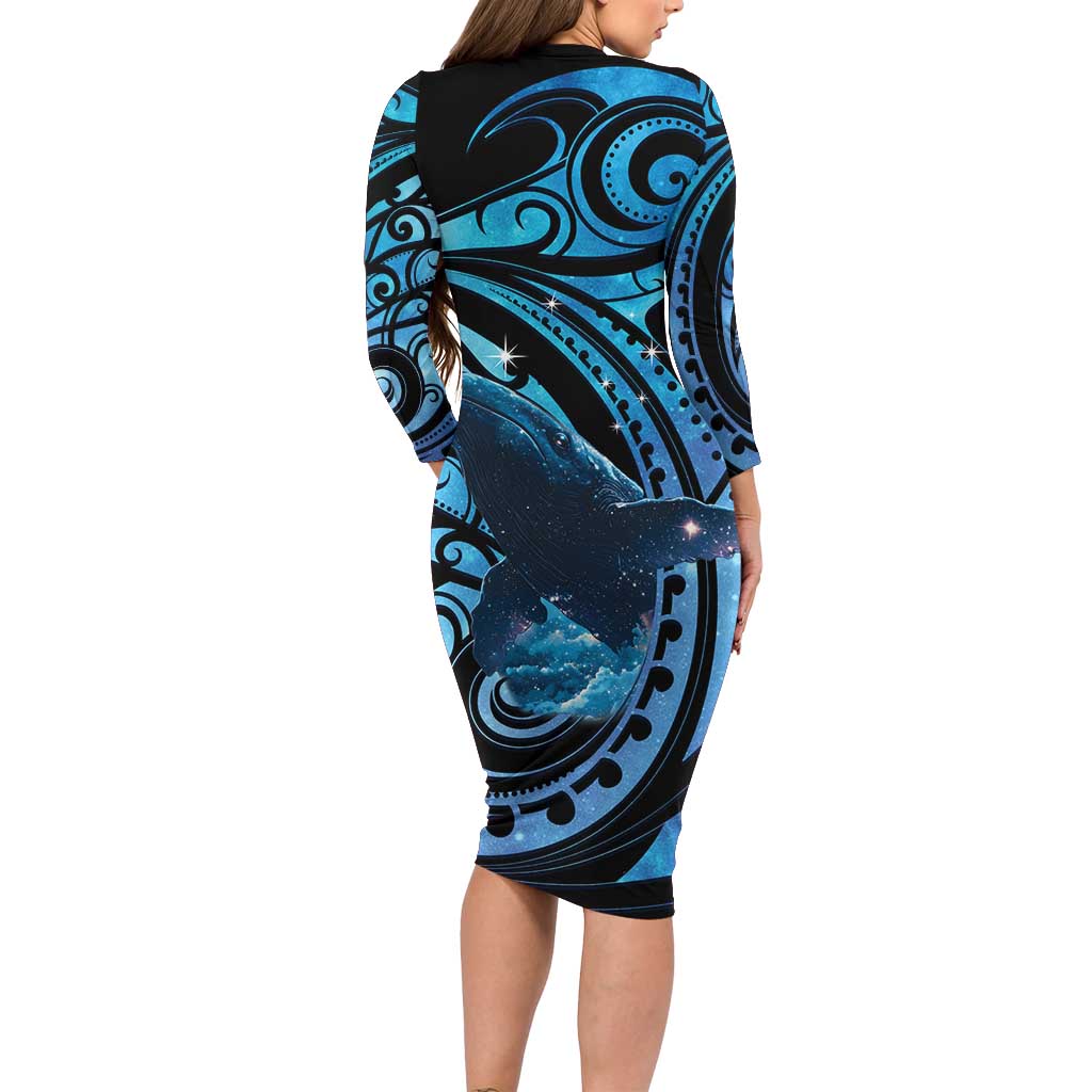 New Zealand Matariki Long Sleeve Bodycon Dress Maori Humpback Whale Galaxy