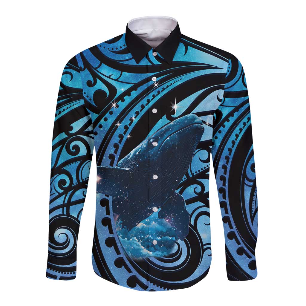 New Zealand Matariki Long Sleeve Button Shirt Maori Humpback Whale Galaxy