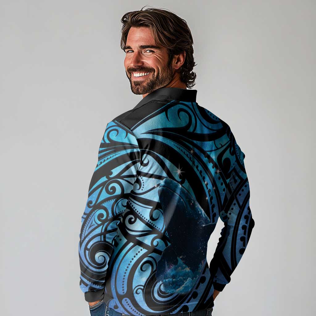 New Zealand Matariki Long Sleeve Polo Shirt Maori Humpback Whale Galaxy